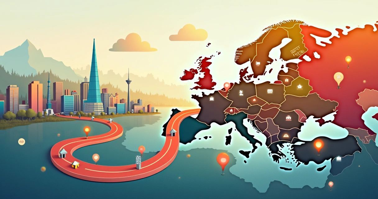 Illustrated roadmap with business milestones, transitioning from EOR to entity across European countries. 