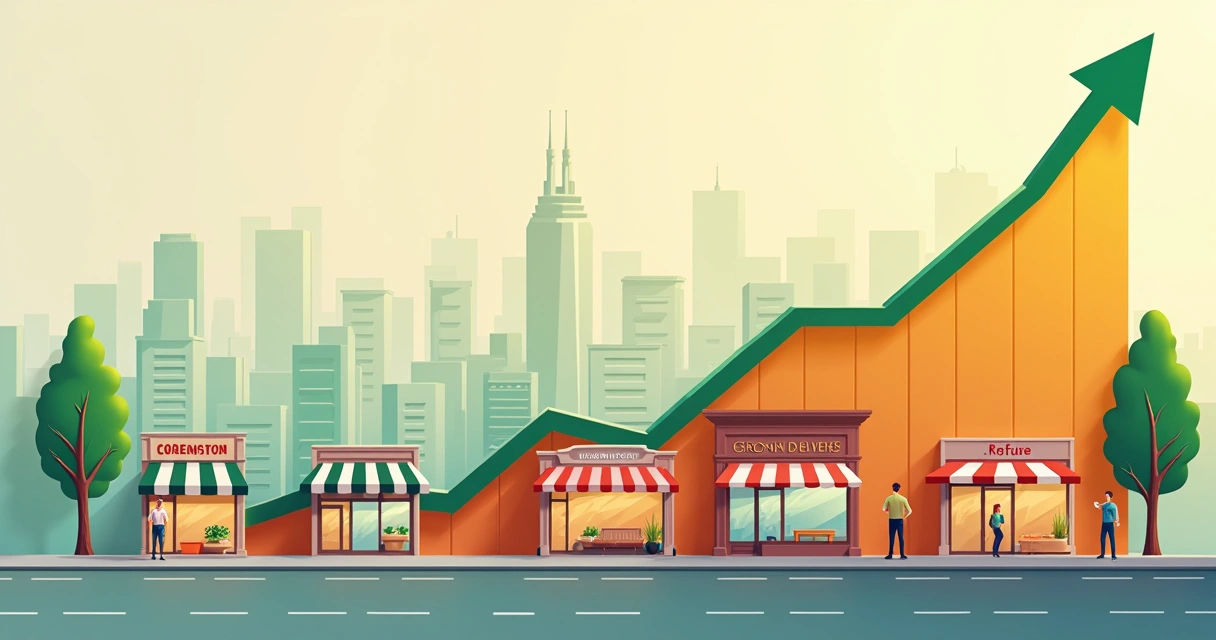 Graph showing gradual upward business growth with small business storefronts below