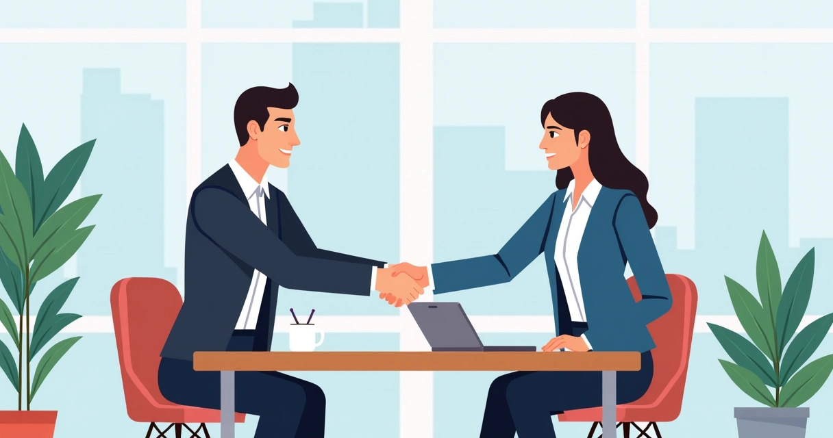 Two businesspeople shaking hands over a contract and laptop 