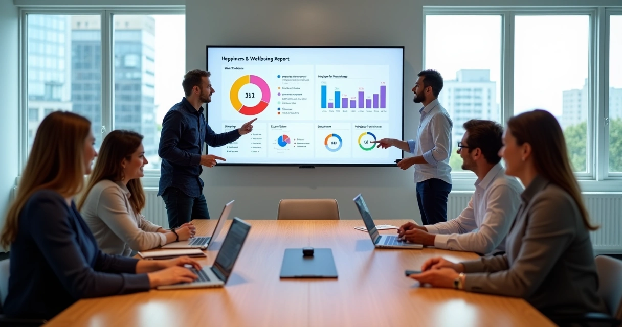 Team in modern office reviewing happiness metrics dashboard 