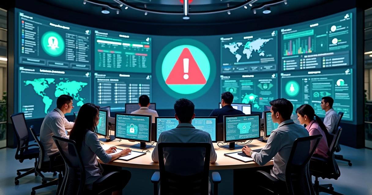 Cybersecurity team in control room tracing and restoring hijacked business accounts 