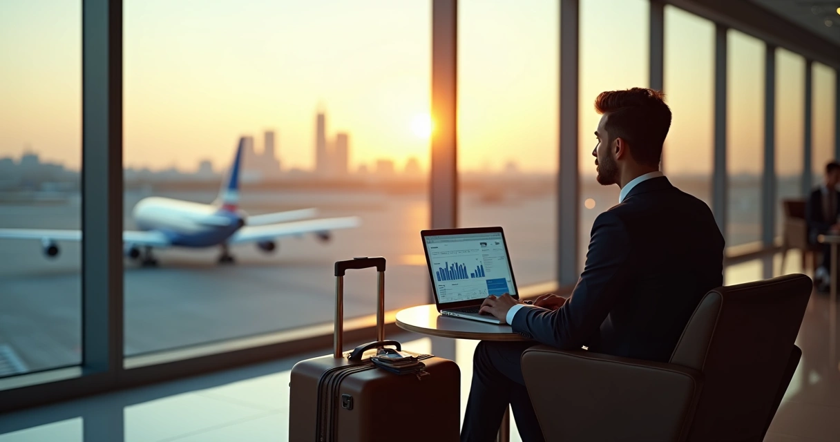 Entrepreneur reviewing business visa documents in a modern airport lounge with US skyline in the background
