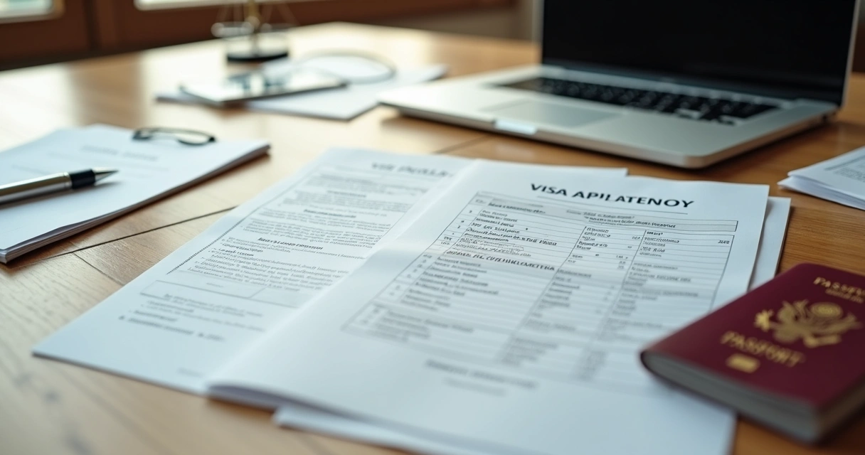 Organized business immigration documents on a table 
