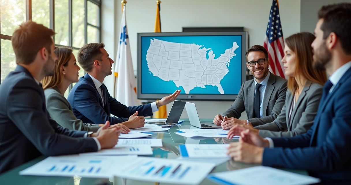 Business professionals collaborating on immigration strategy visually representing economic impact