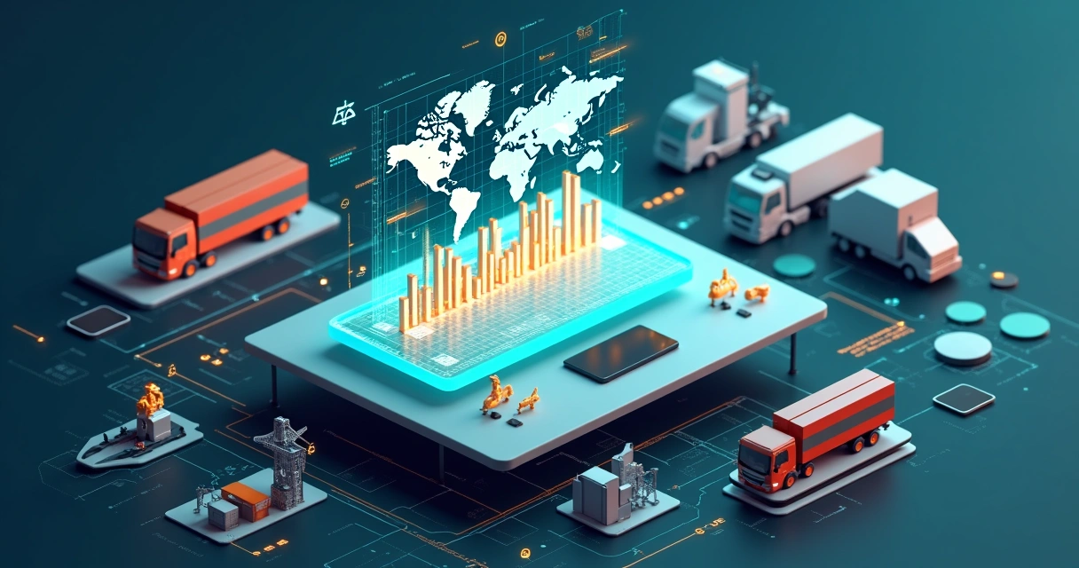 Painel de business intelligence em logística com cargas e gráficos 3D 