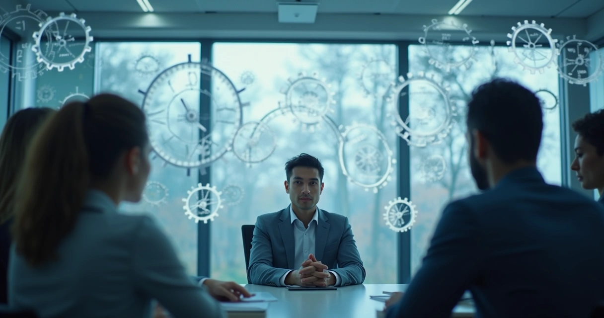 Business leader surrounded by gears and clocks, indicating routine decisions 