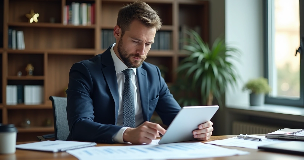 Business leader at desk considering teamwork digital platform options 
