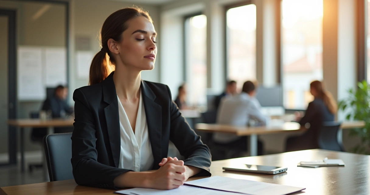Business leader taking a pause at her desk with eyes closed 
