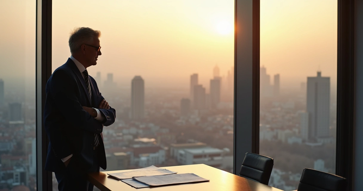 Corporate leader looking at city skyline debating global assignment 