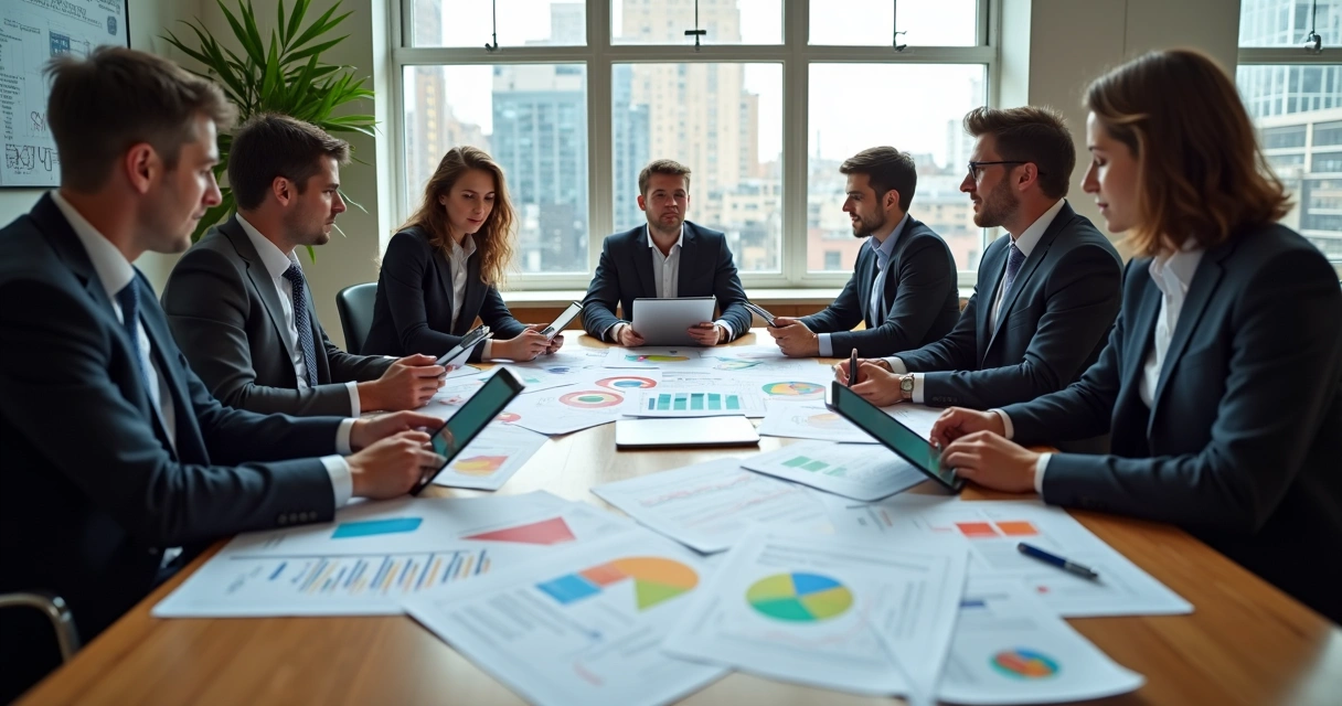 Business team reviewing market graph on table 