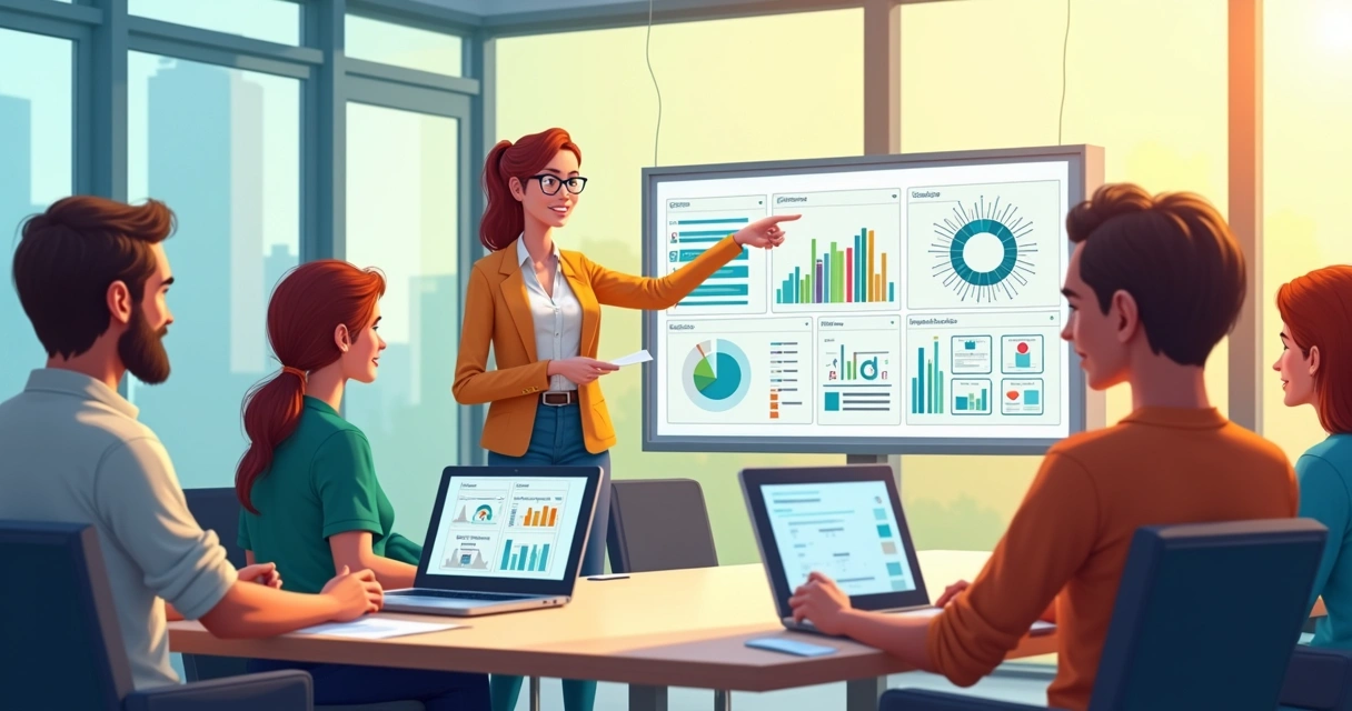 Business team in a meeting reviewing AI training materials 