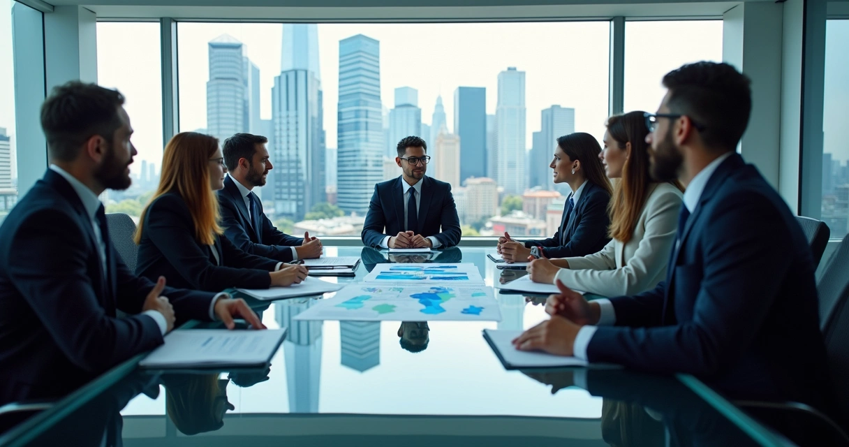 International executive team in a modern office discussing European expansion options at a glass table. 