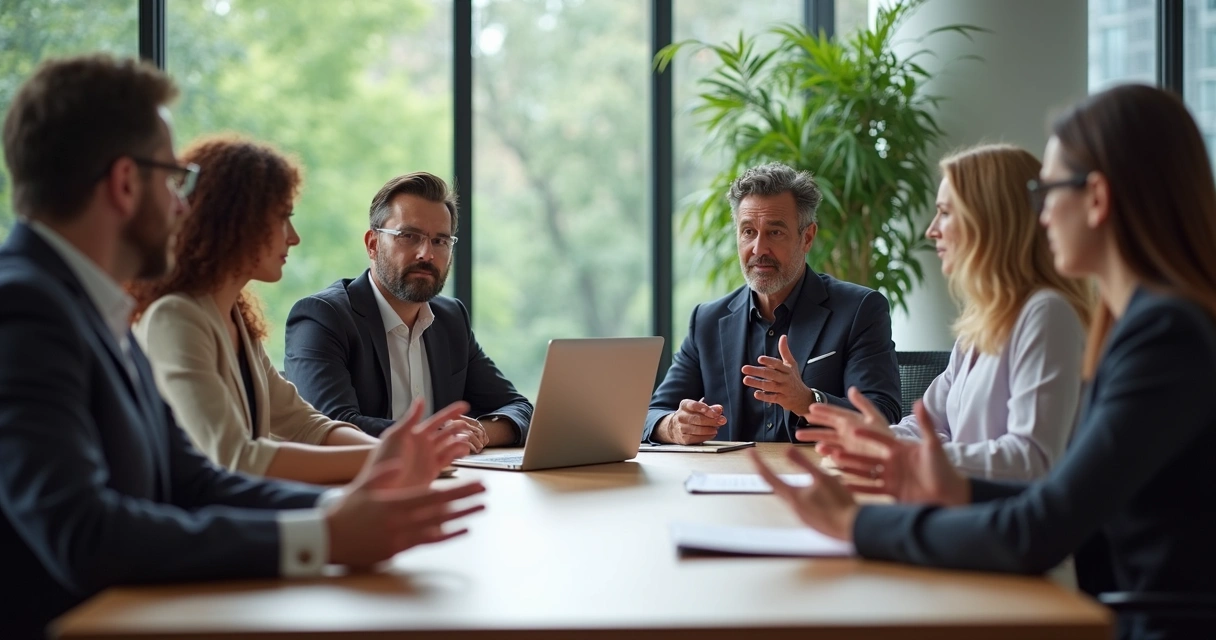 Team in business meeting, one person sharing feedback, others listening, natural office light