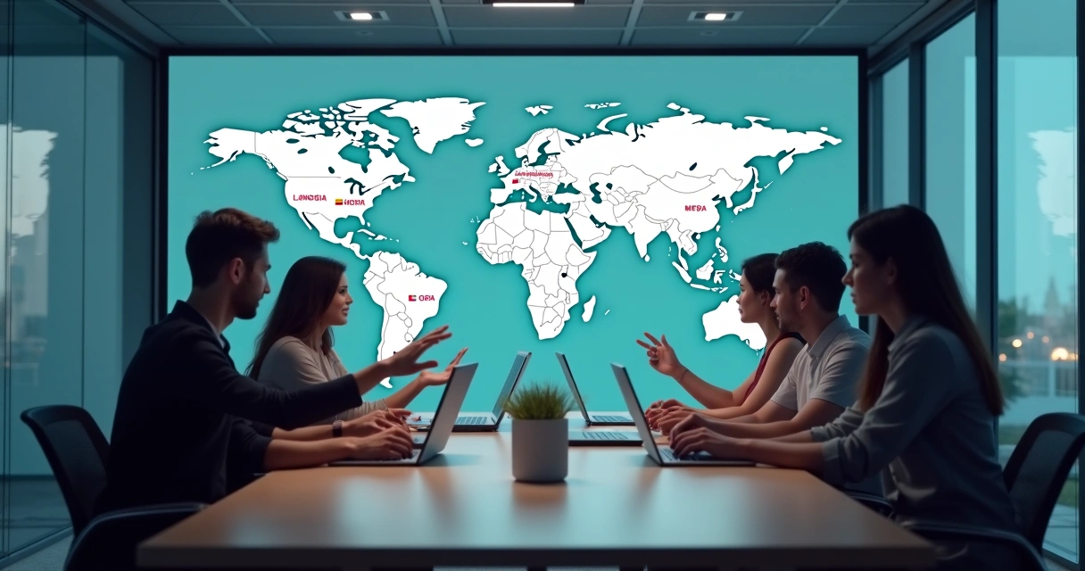 International team at a meeting discussing global expansion 
