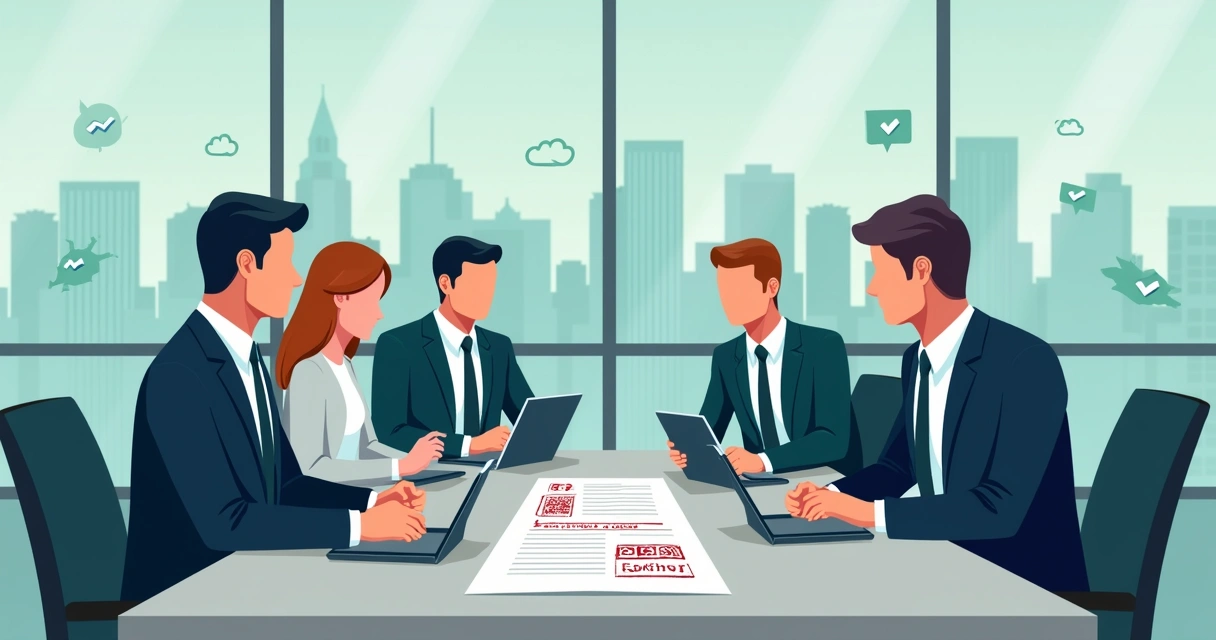 Business team approving contracts on tablets around a meeting table 
