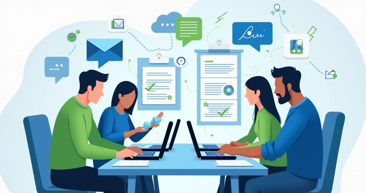 Team collaborating with devices on digital workflow