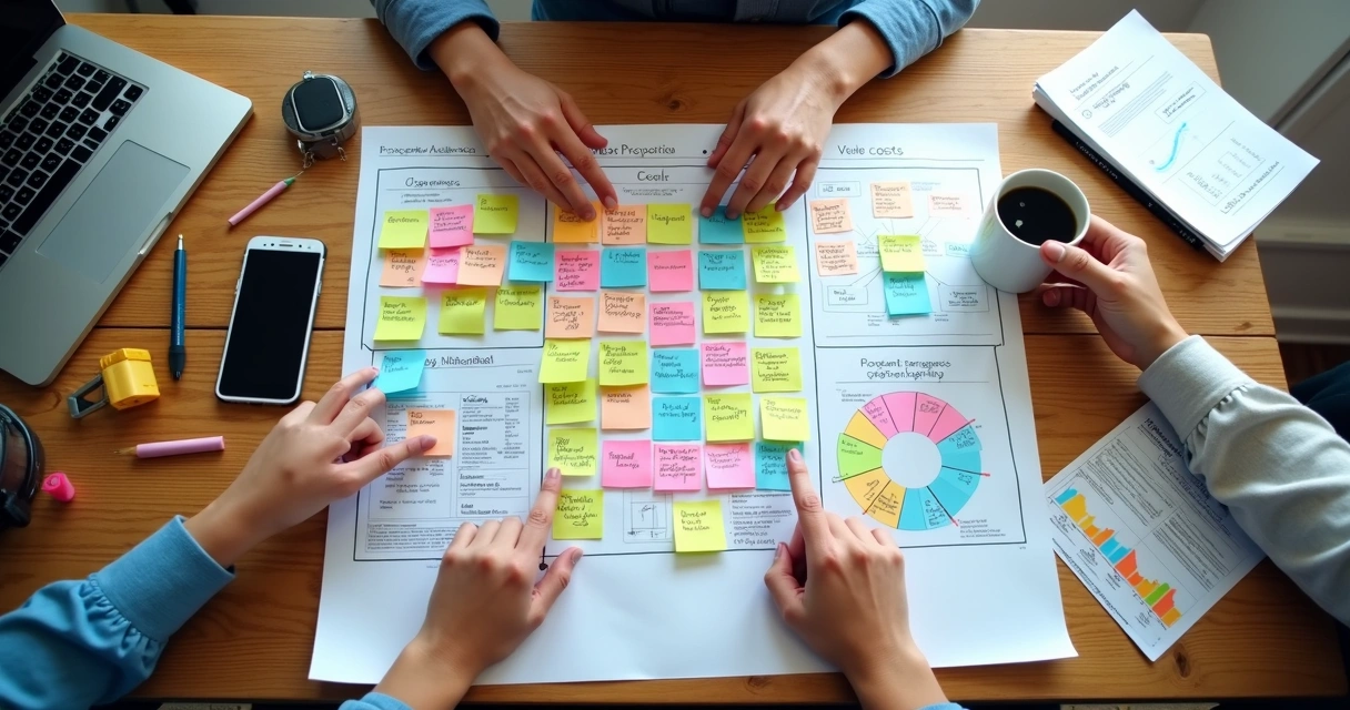 Quadro organizador de modelo de negócios para agência digital, com post-its em colunas de público, canais, custos e propostas de valor