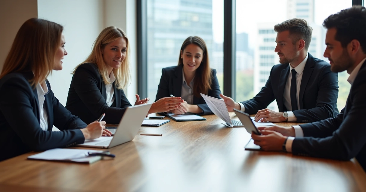 Business professionals at a negotiation table with open notebooks and gestures exchanged.