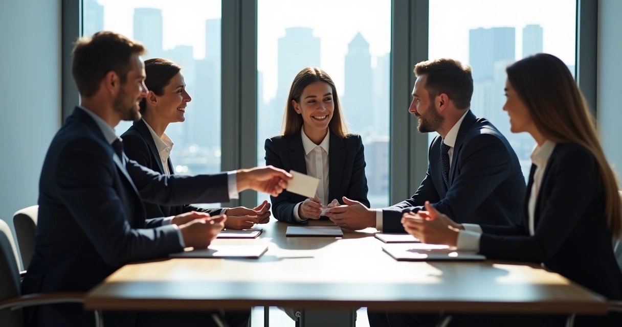 Business people exchanging business cards at a networking roundtable 