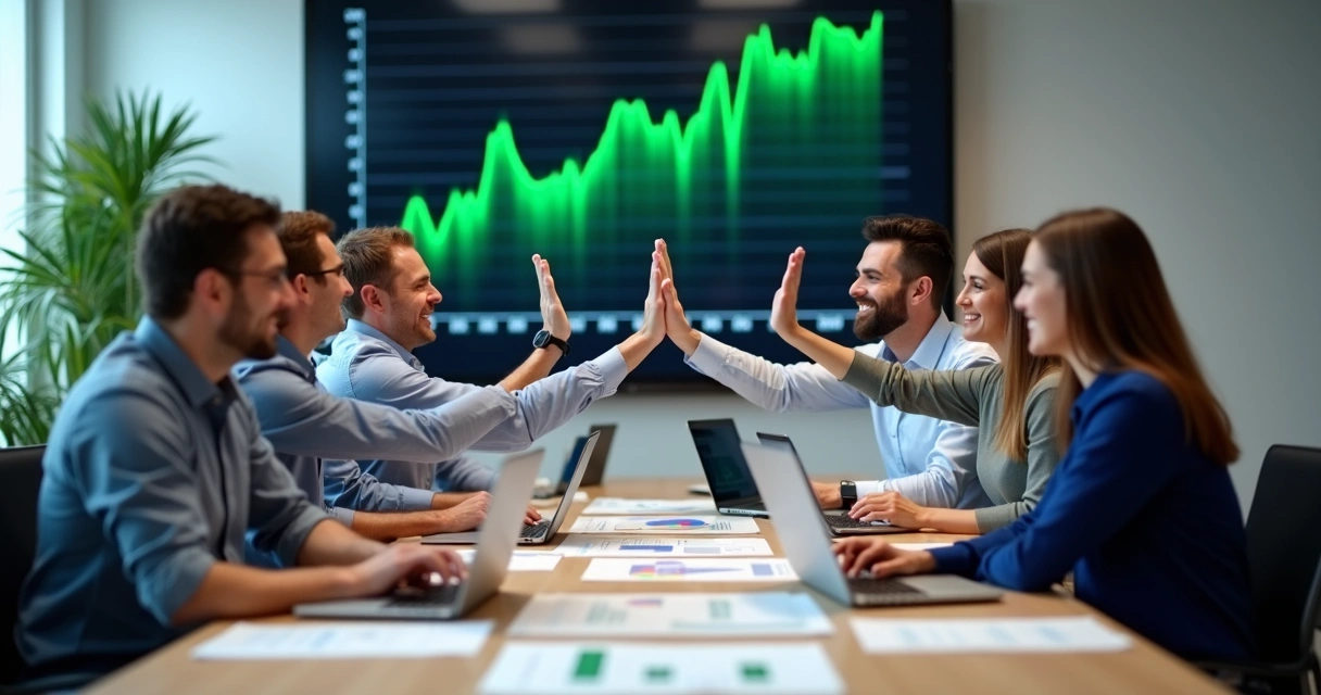 Business team celebrating improved data-driven outcomes 