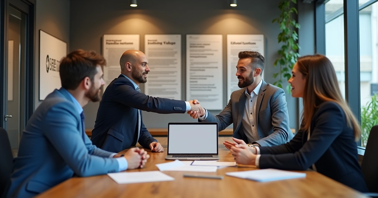 Group of business partners in a meeting with visible documents and laptops on the table