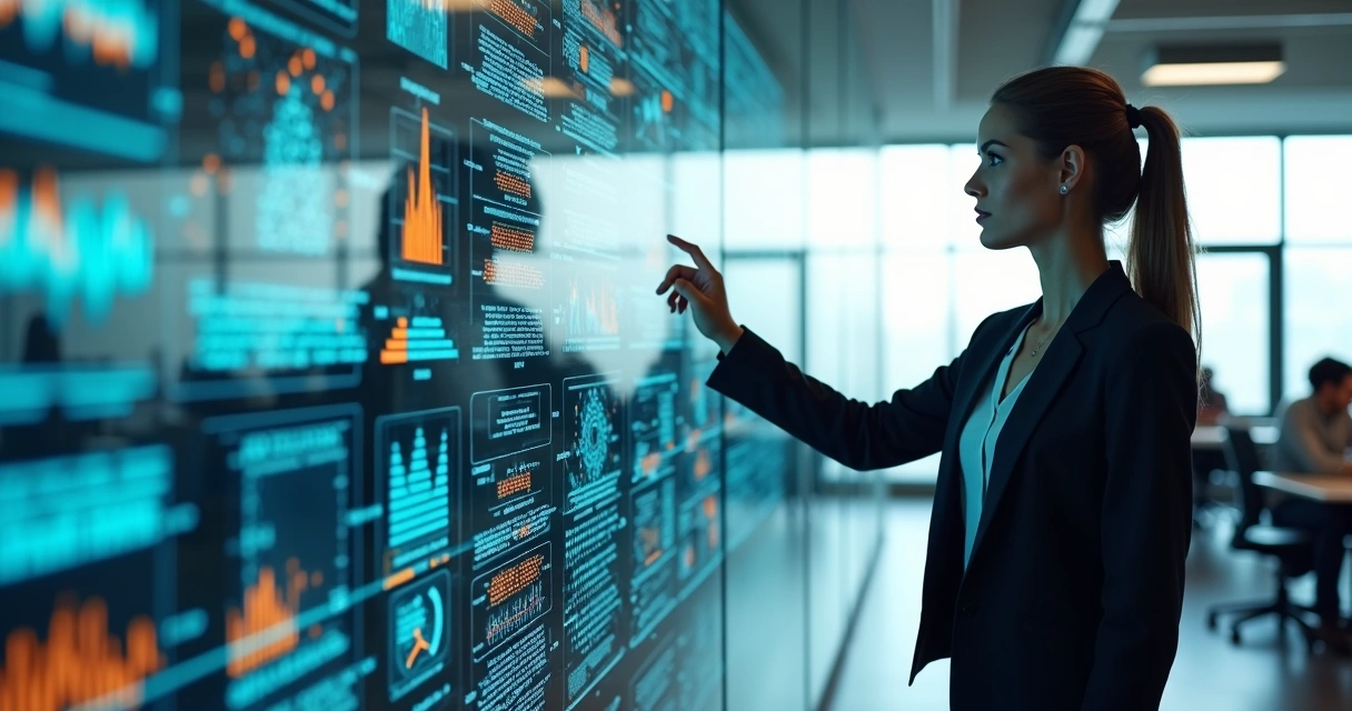 Businesswoman analyzing pattern data on transparent digital wall 