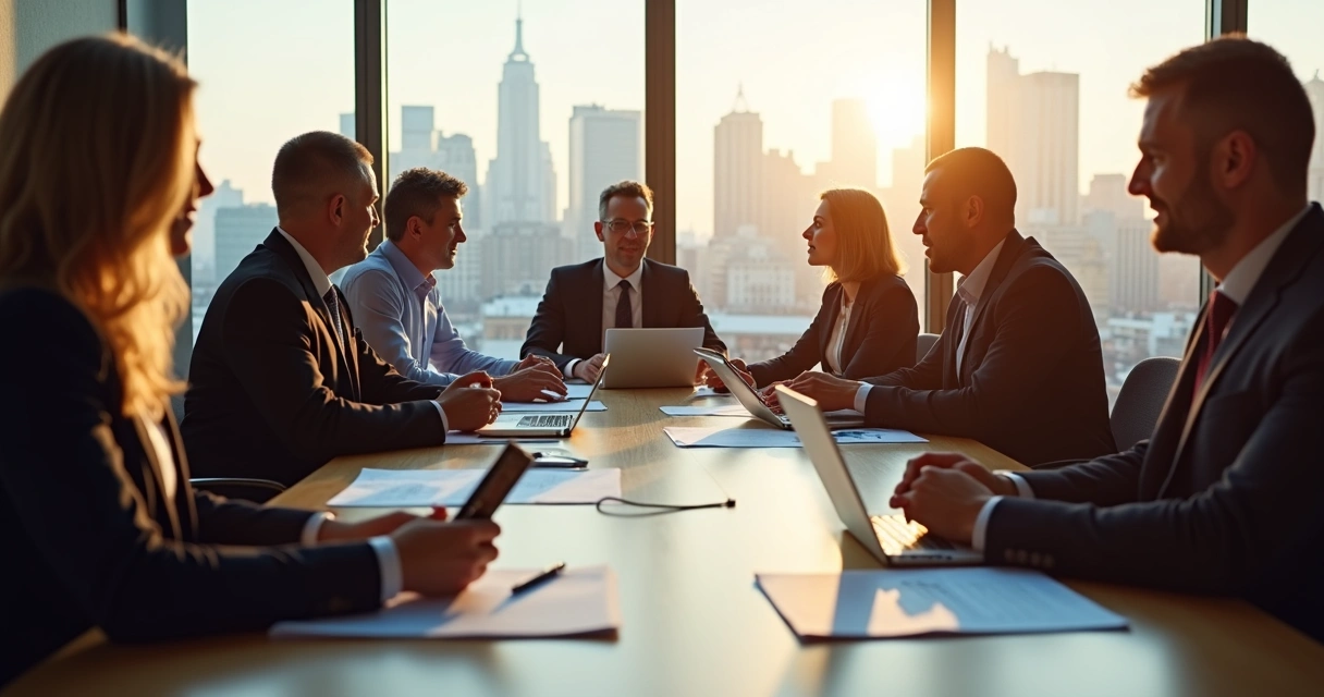 Group of diverse business professionals at a meeting table in an American office with city view 