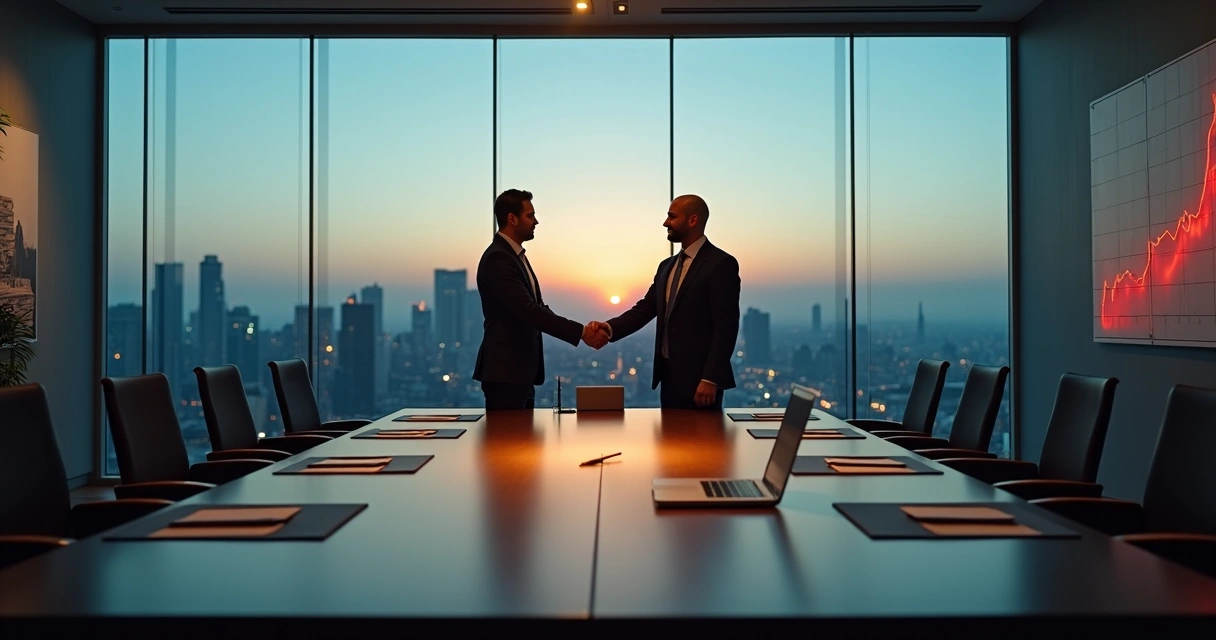 Two business partners shaking hands under a spotlight while hidden red flags appear in the background 