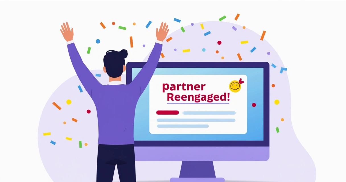 Business person raising arms in celebration near a partner comeback notification on screen. 
