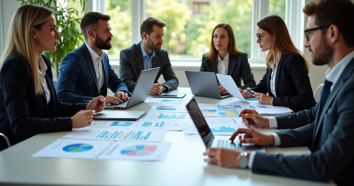People discussing business plan around a table with documents and charts 