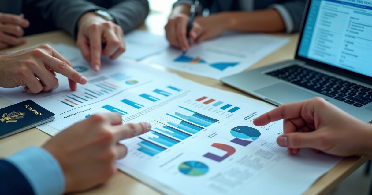 Immigration business plan with charts and passport. 