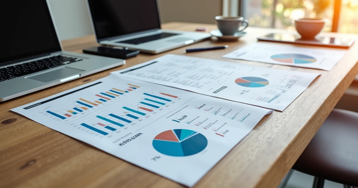 Market research documents, graphs, and business plan on a desk