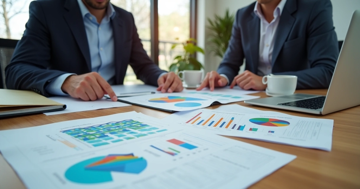 Immigration attorney and client discuss detailed business plan charts 