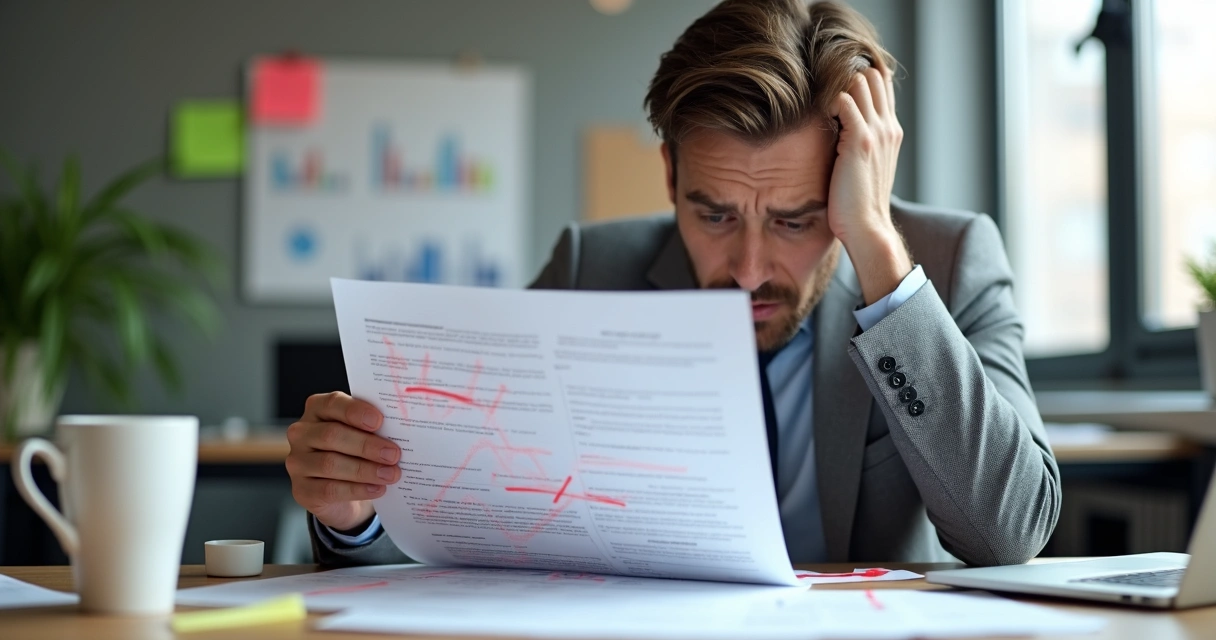 Frustrated professional revising business plan with red marks