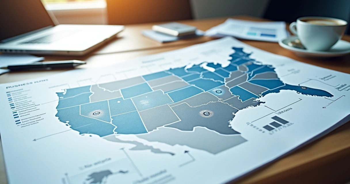 Business plan showing national importance on a map illustration 