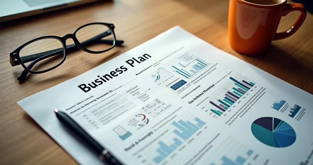 Business plan document with graphs and notes on a wooden desk