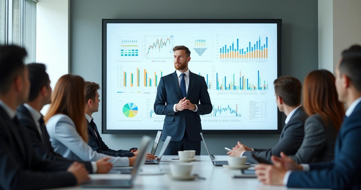 Businessperson presenting a business plan with charts and graphs. 