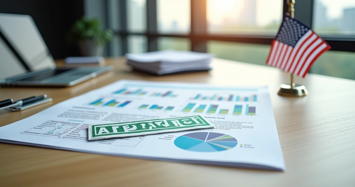 Business plan documents with charts and a small US flag beside approval stamp 