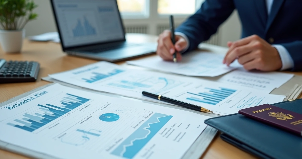 Consultant reviewing visa business plan documents on a desk