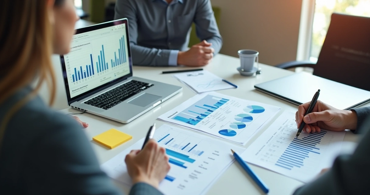 Documents and charts reviewed at a conference table 