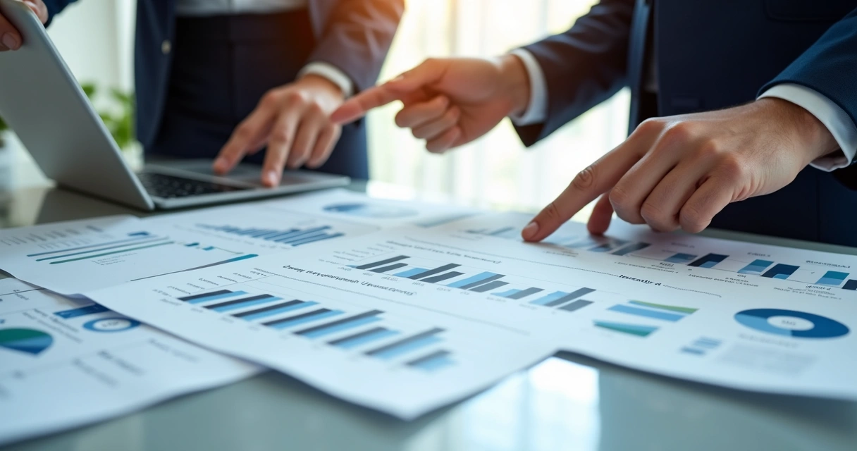 Business plan pages and financial graphs being reviewed 