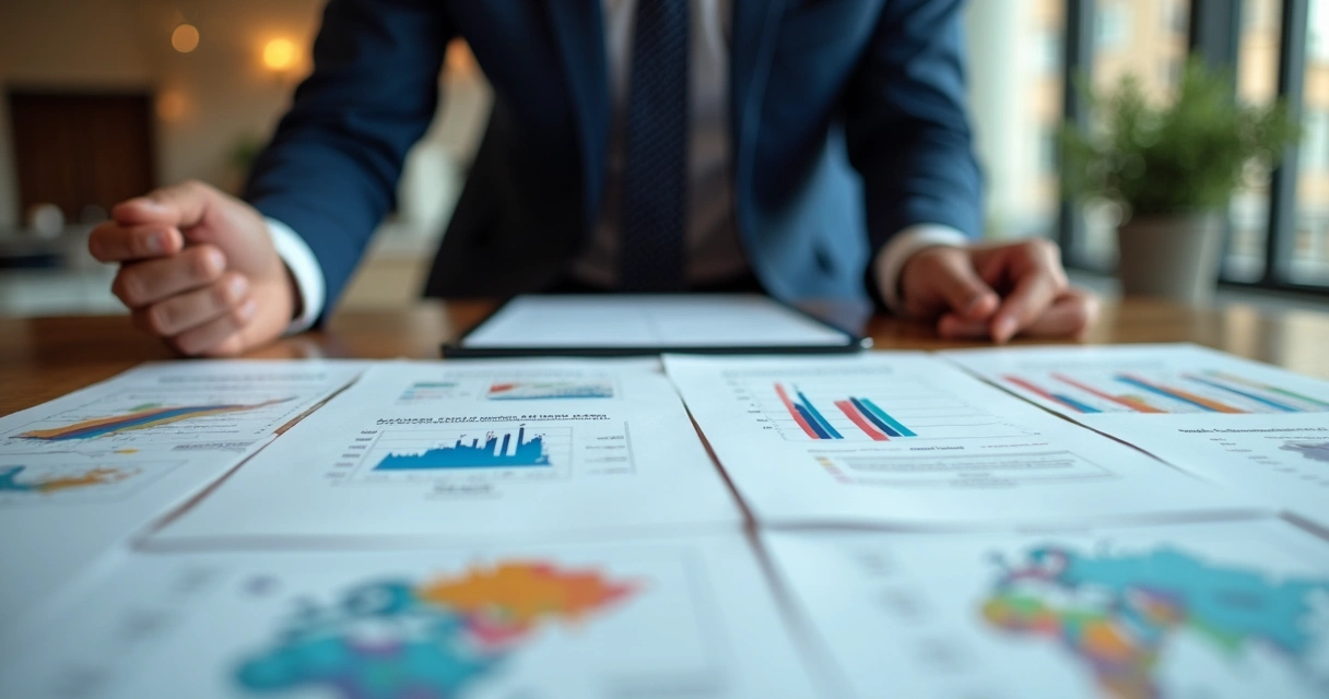 Person reviews a business plan with spreadsheets and trade documents 