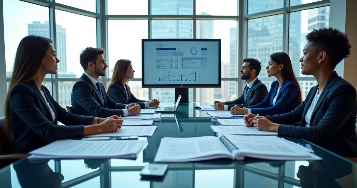 Team reviewing business plan documents at a table 