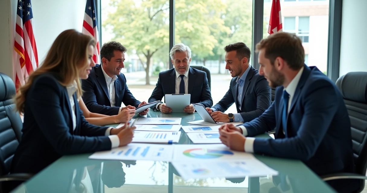 Business professionals discussing documents around a conference table
