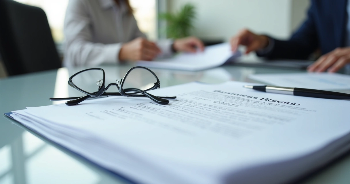 Business plan and visa documents with pen and glasses