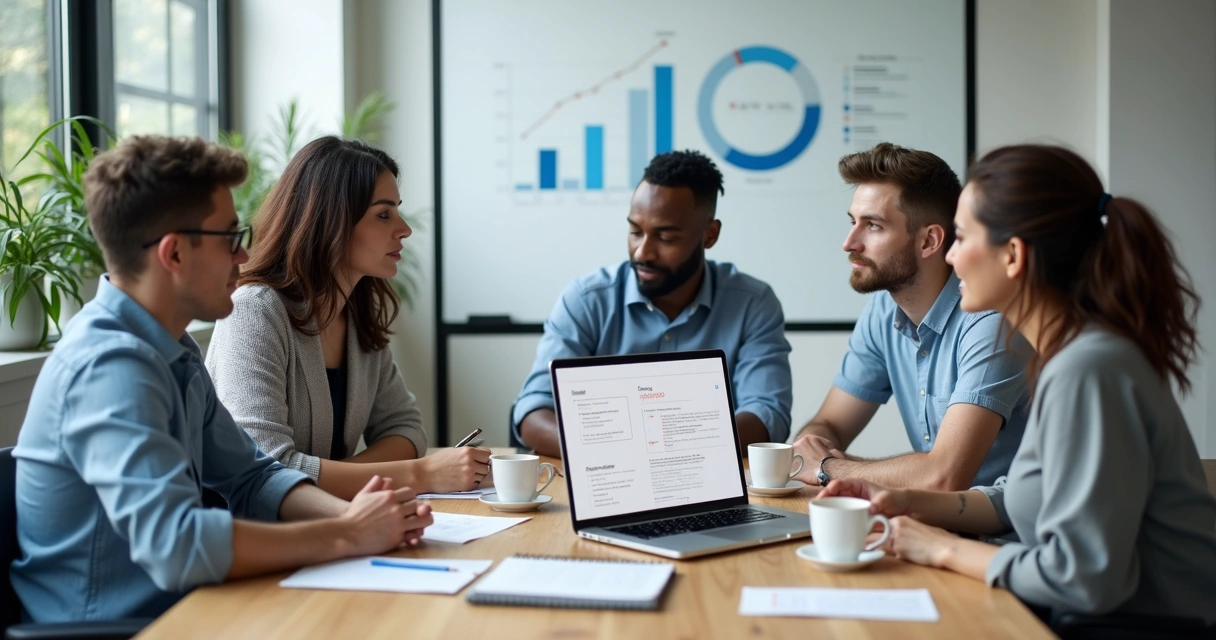 Group discussing business plan on laptop 