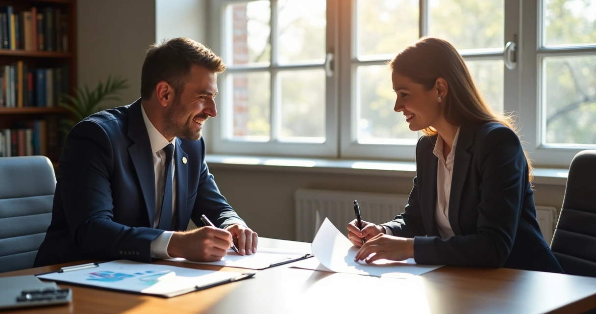 Two people signing papers at a desk, with business documents and charts on the table.