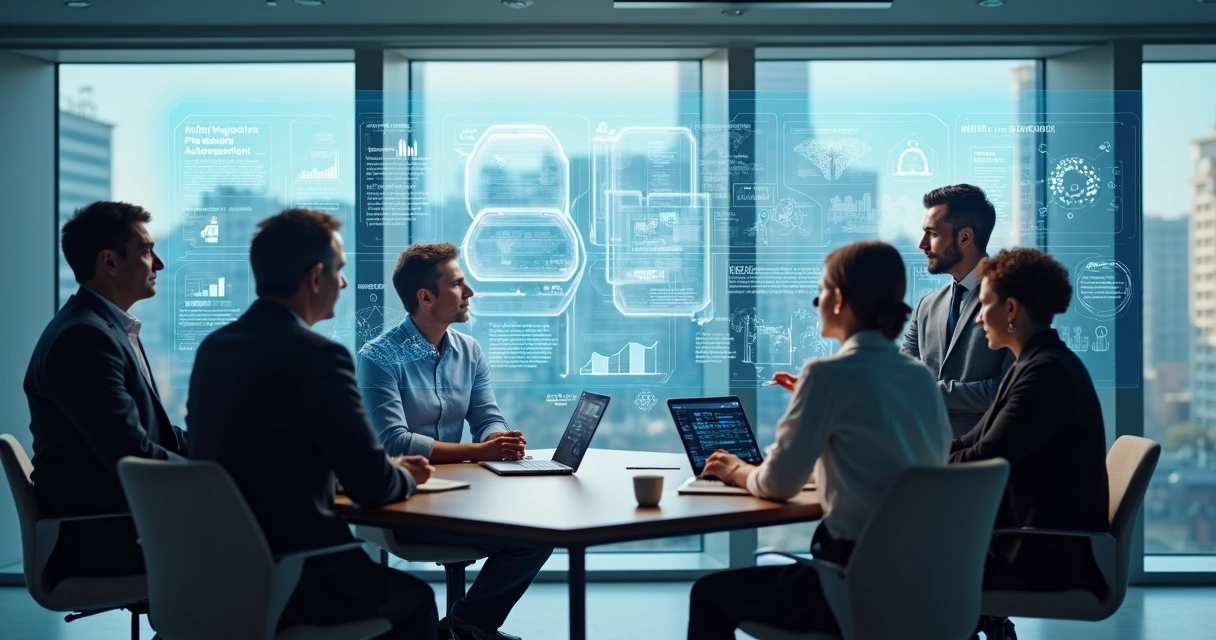 Business people collaborating with digital automation interface and data dashboards 