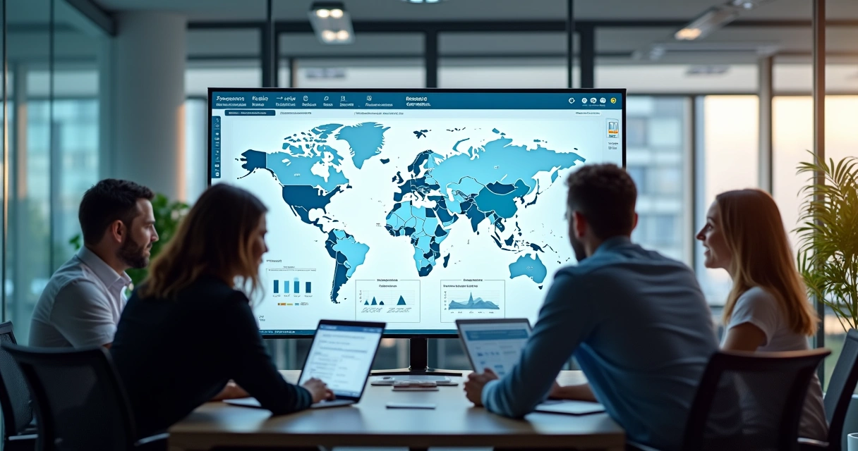 Team in modern office tracking business data on a central dashboard 