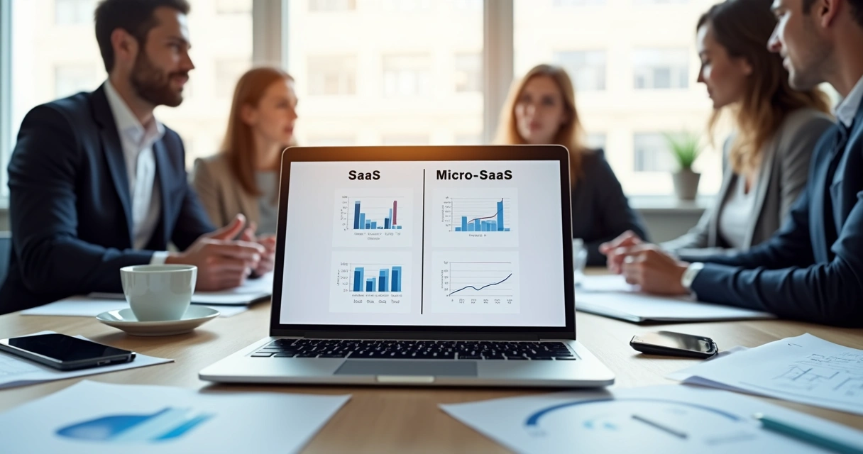 Mesa de escritório com laptop exibindo gráficos de SaaS e Micro-SaaS lado a lado com anotações e pessoas discutindo ao fundo 